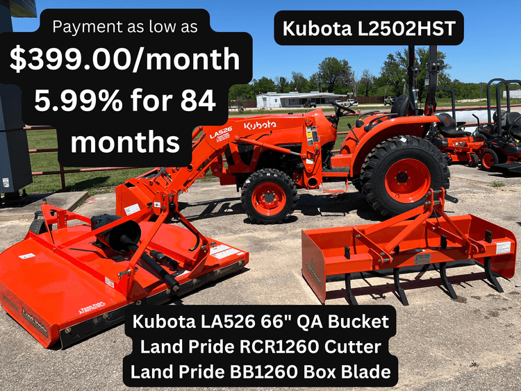 L2502 TRACTOR PACKAGE WITH LOADER, CUTTER AND BOX BLADE!